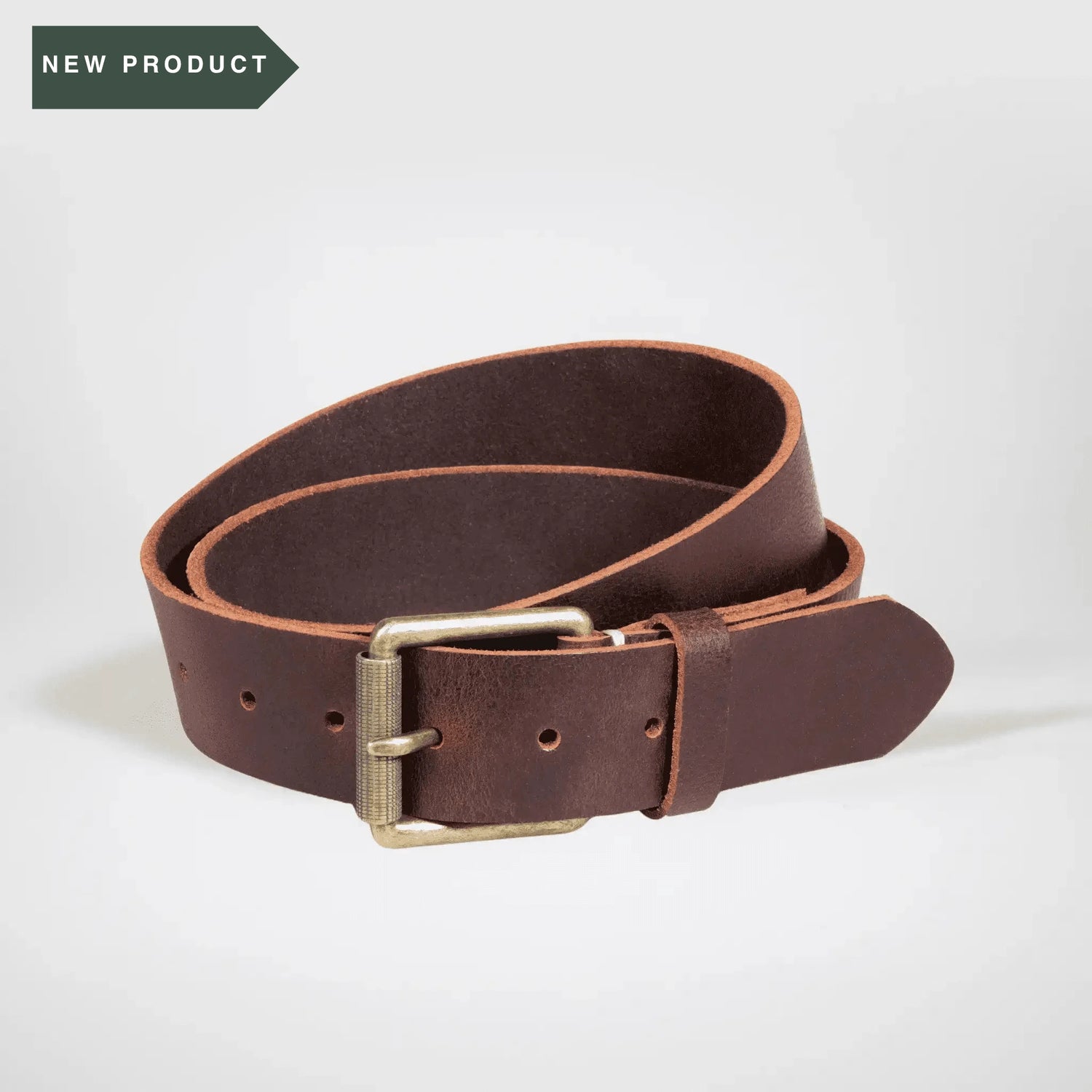 Mocha leather belt with brass buckle on a white background with new stamp.