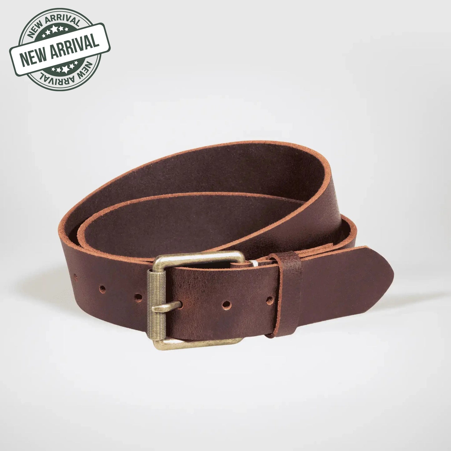 Mocha leather belt with brass buckle on a white background with new stamp.
