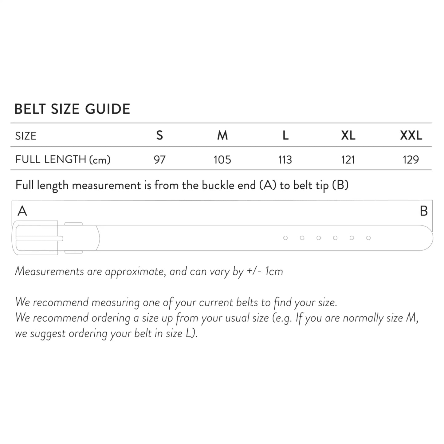Belt size guide for men’s S-XXL with clear measurements for a comfortable, tailored fit of Parisian Crafted leather belts.