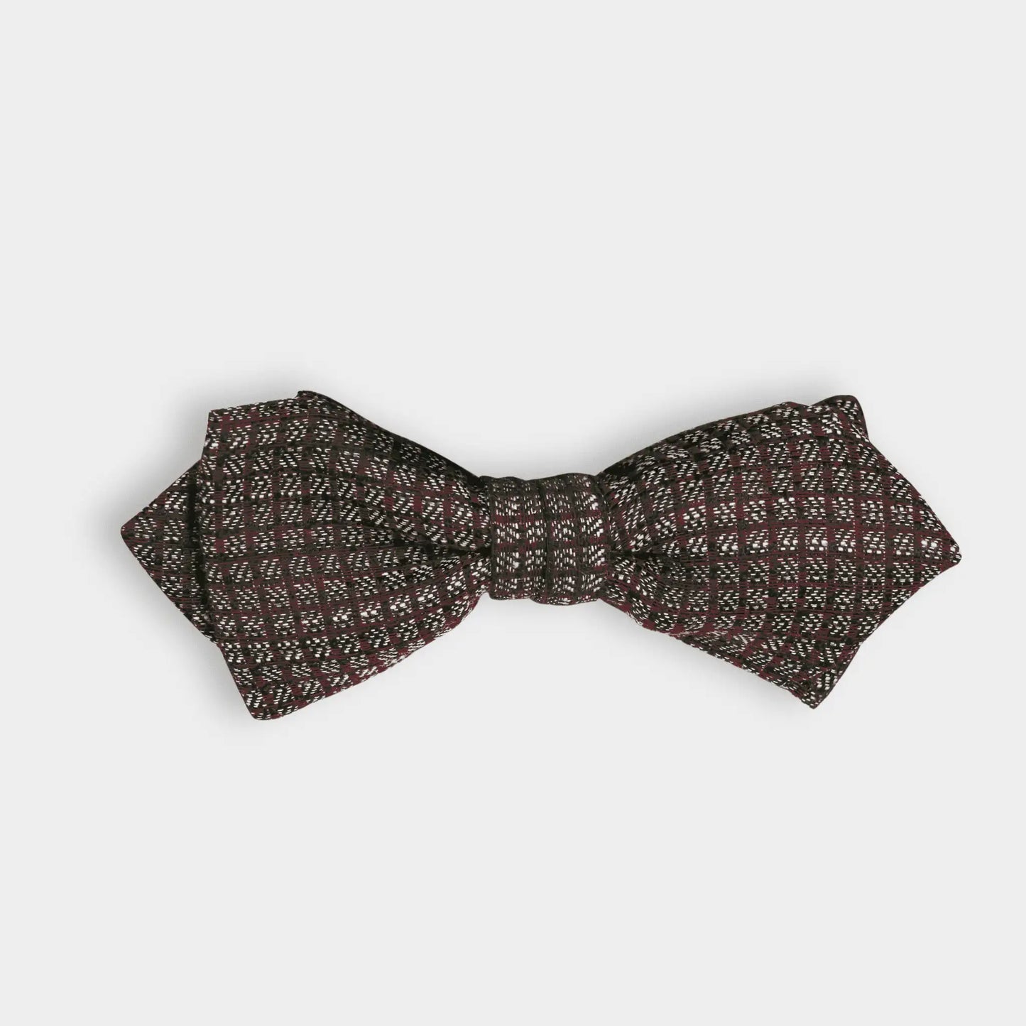 Burgundy and grey micro square bow tie on a white background, featuring refined design and premium craftsmanship—sophisticated men's accessory.