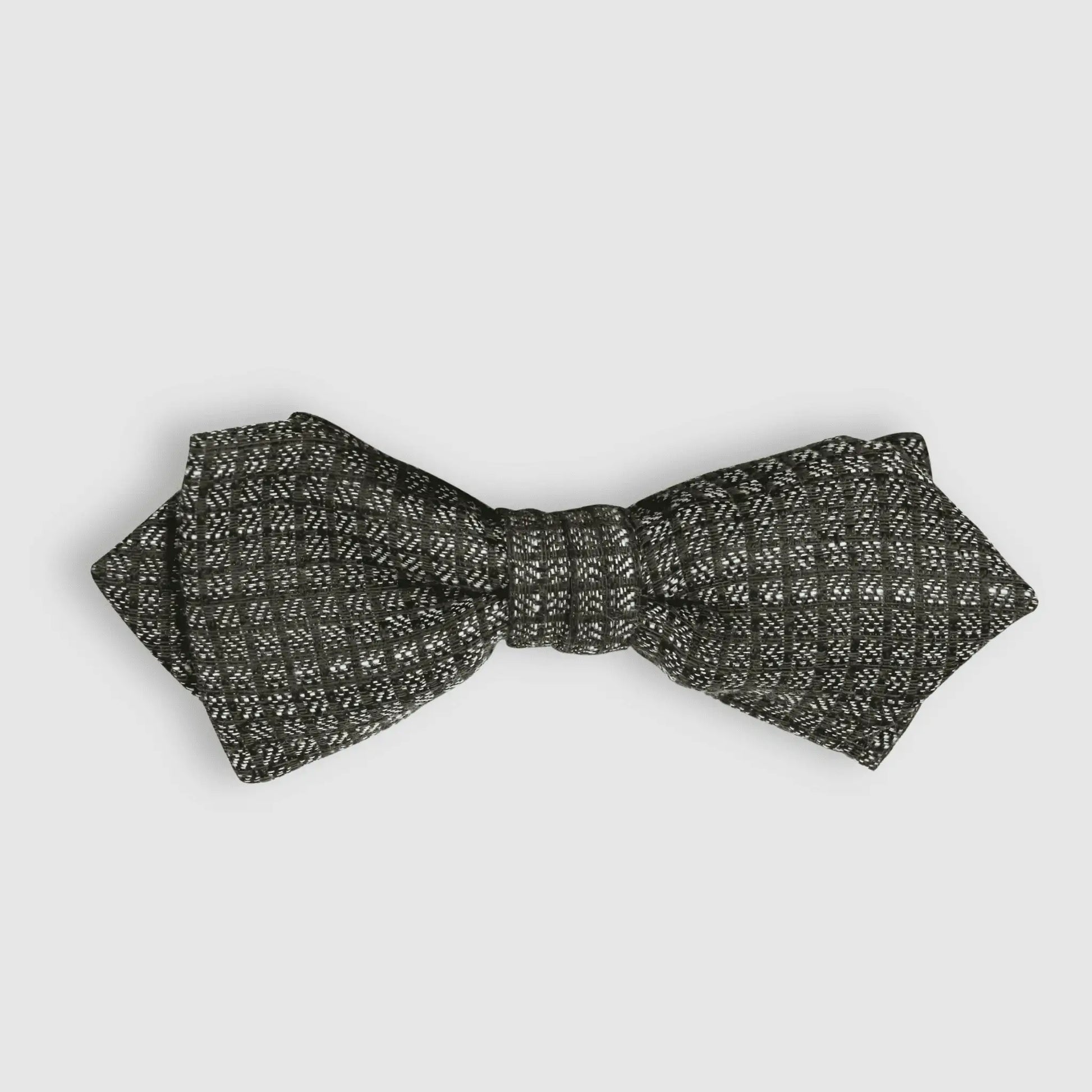 Chocolate and grey micro square pattern bow tie on a white background—quality men's accessory made locally in New Zealand.