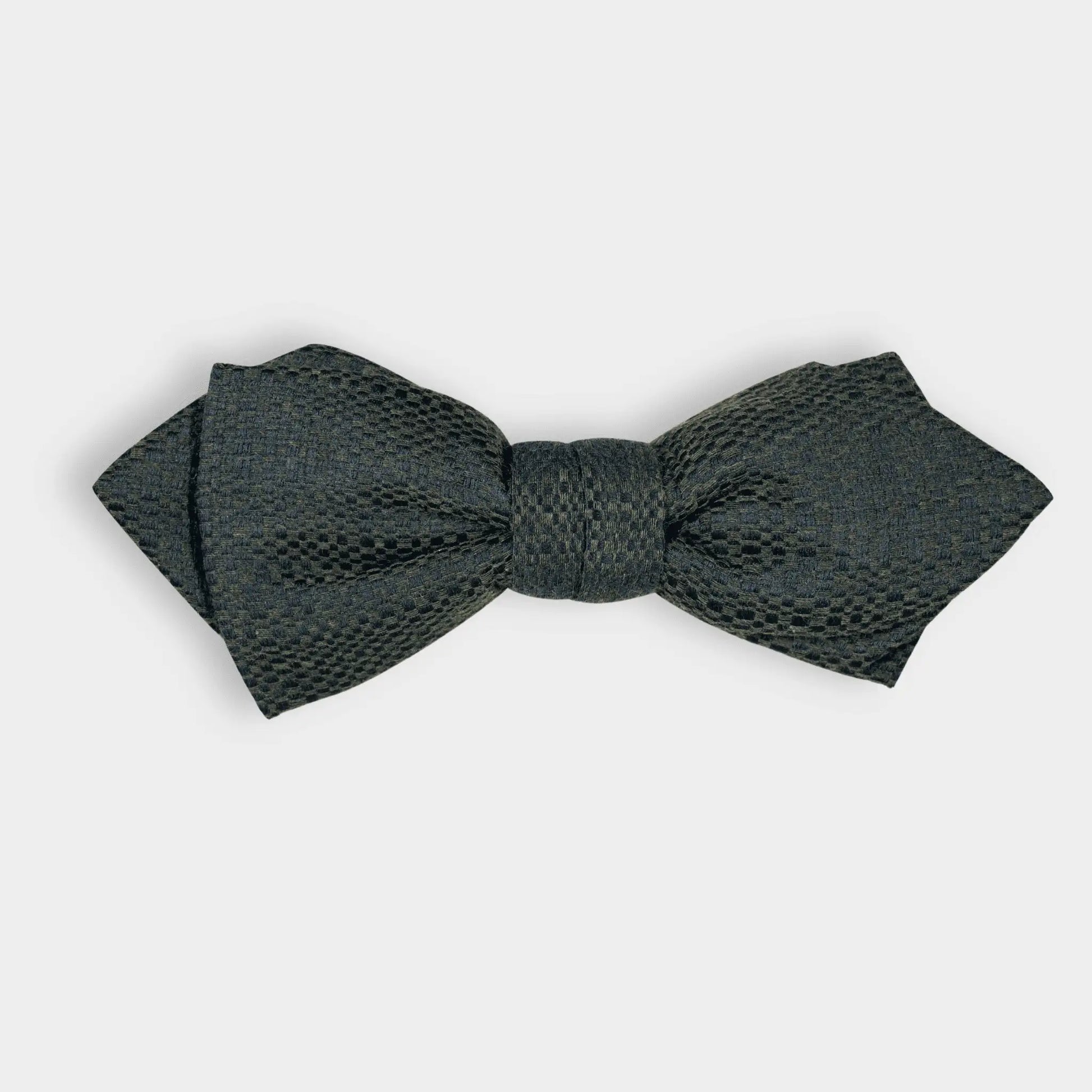 Olive green and navy blue Jacquard pattern bow tie on a white background, showcasing its simplistic design and premium craftsmanship—quality men's accessory.