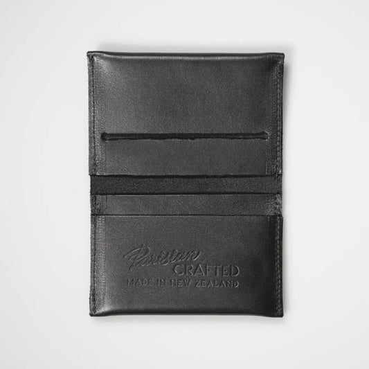 Black Leather Card Wallet opened to showcase "Parisian Crafted Made in New Zealand" embossing. Expertly crafted New Zealand men's accessory with functional design and fine grain leather texture.