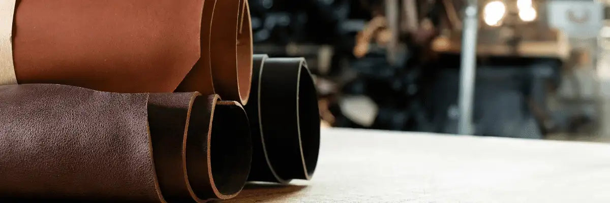Genuine leather rolls in cognac, brown and black sitting on a table