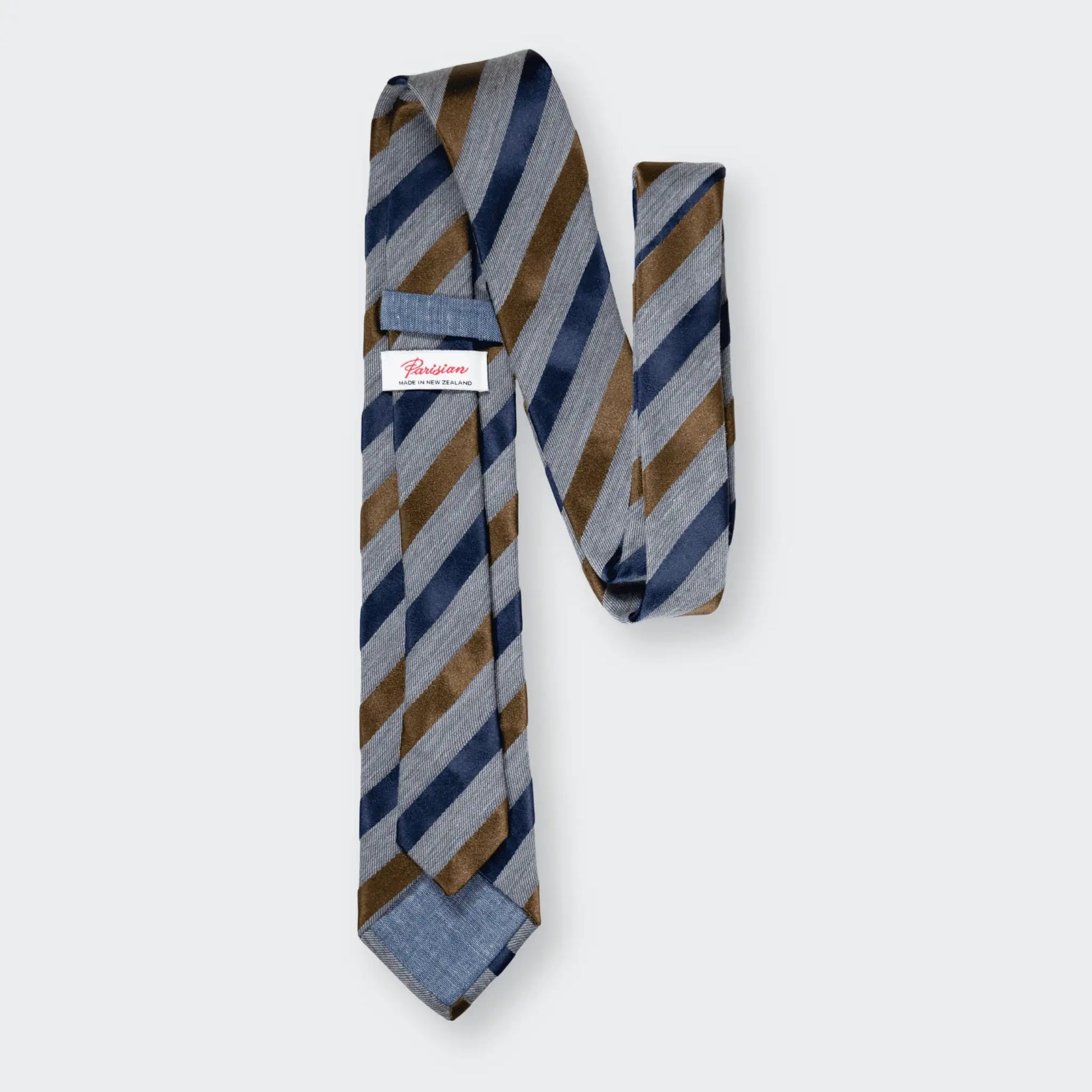 Back of Grey Marle Tie with Navy and Tobacco Satin Stripes, showing 'Parisian Made in New Zealand' woven label - quality men's accessory.