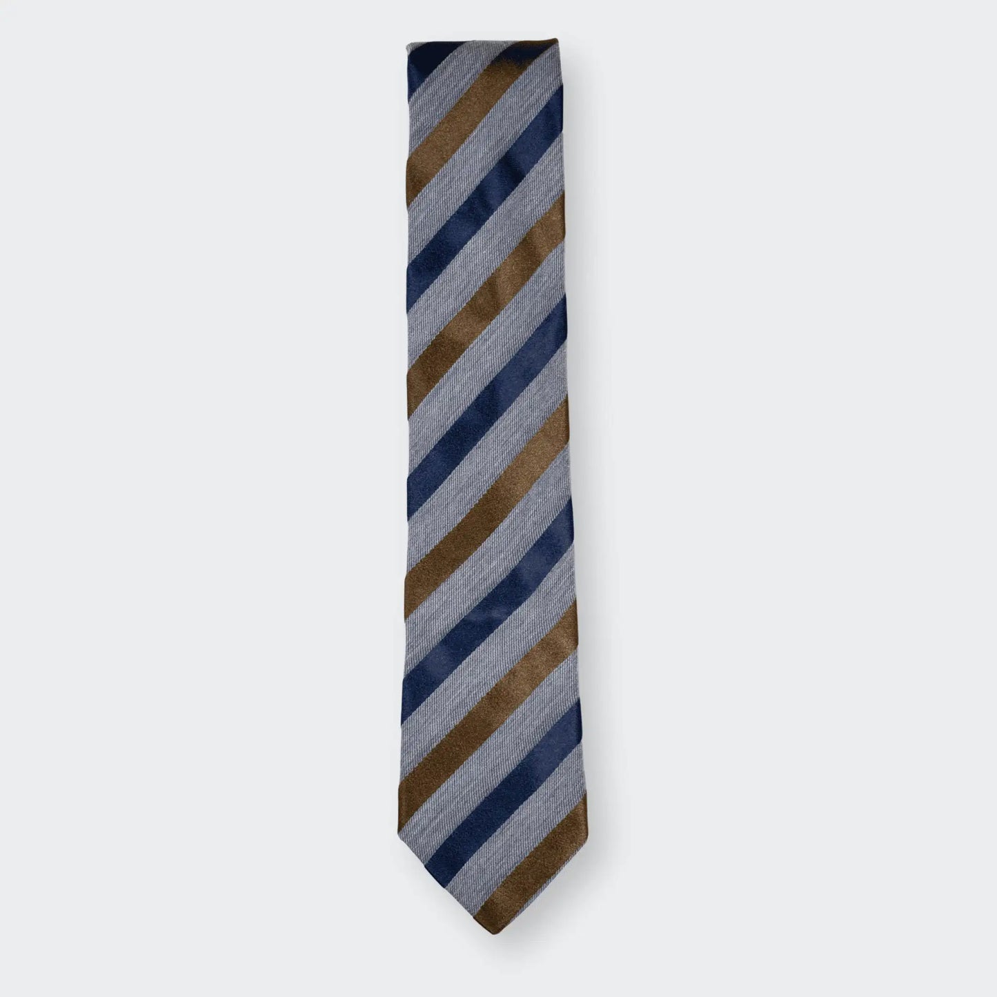 Men's tie in grey marle with navy and tobacco satin stripes, folded in half and displayed on  white background to showcase bold colours and refined design.