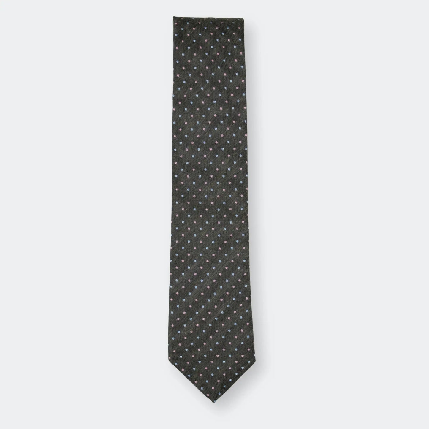 Olive green tie with sky and pink pin-dot design, neatly folded on white background, showcasing quality materials and refined design.