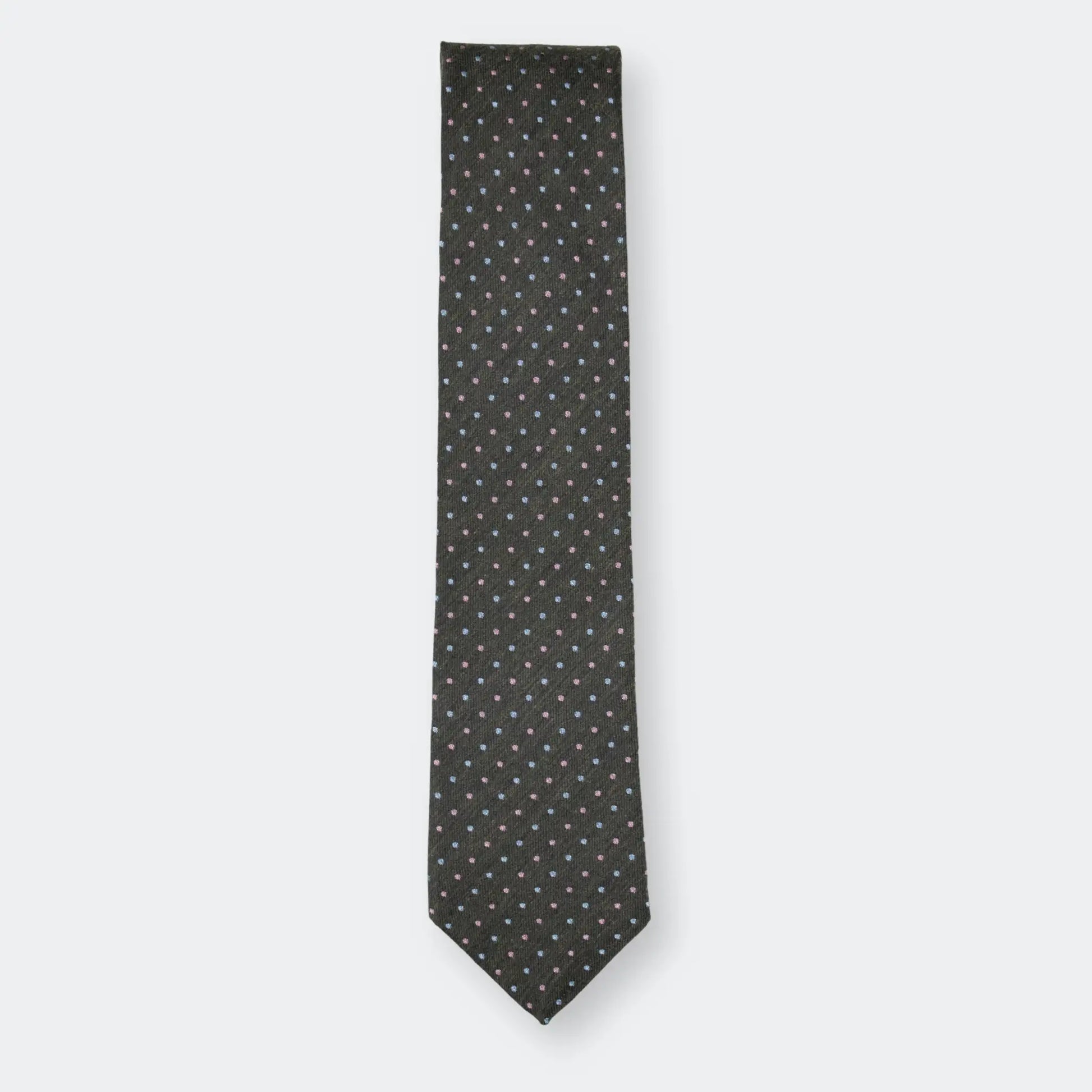 Olive green tie with sky and pink pin-dot design, neatly folded on white background, showcasing quality materials and refined design.
