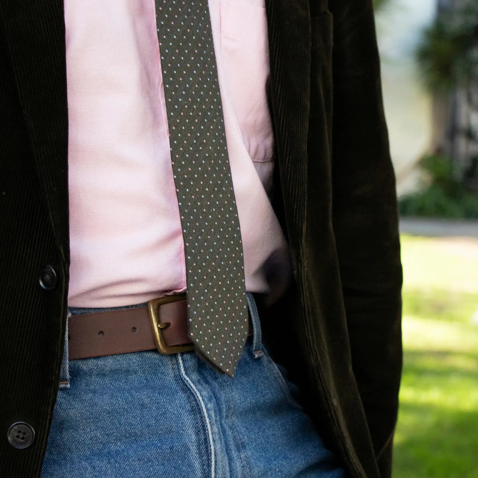 Olive, sky and pink pin-dot tie with pink button-down shirt and forest green corduroy blazer - timeless crafted men's work accessory.