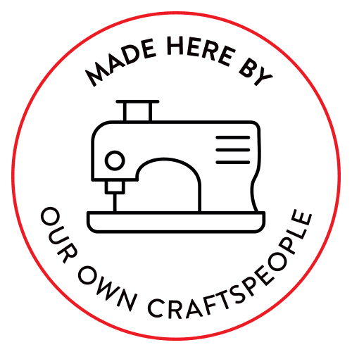 'Made here by our own craftspeople' trust badge with sewing machine graphic