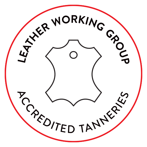 'Leather working group accredited tanneries' trust badge with leather hide graphic