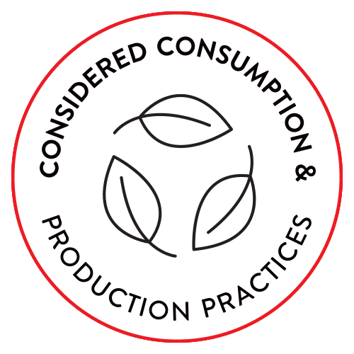 'Considered consumption and production practices' trust badge with leaf graphic