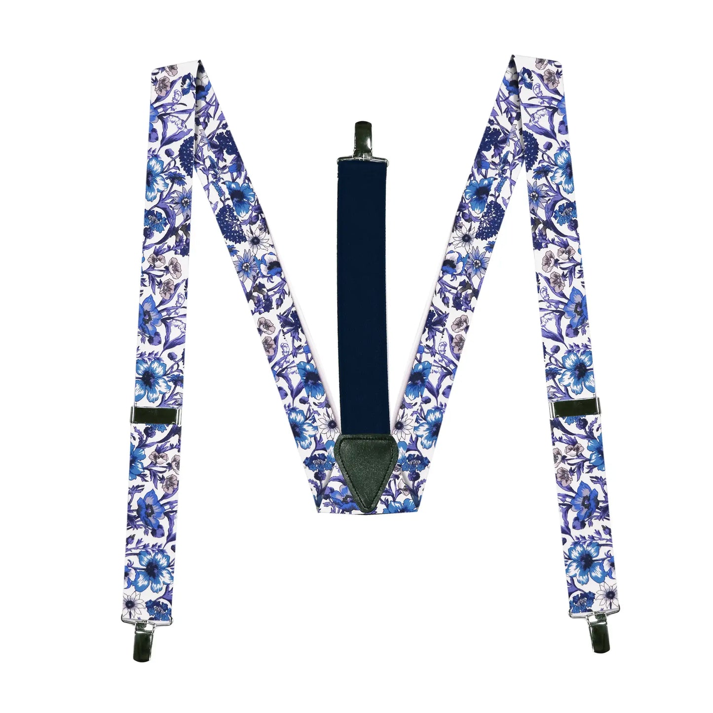 Blue purple and white braces with a floral pattern from a collaborative Parisian and Liberty London collection, lying flat on a white background.
