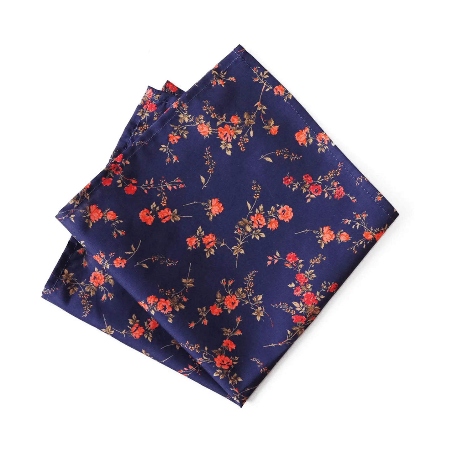 Liberty London's Elizabeth Tana Lawn fabric featuring delicate orange and red floral sprigs on a deep navy background. Parisian Crafted x Liberty collaboration for an elegant pocket square, perfect for refined menswear styling.