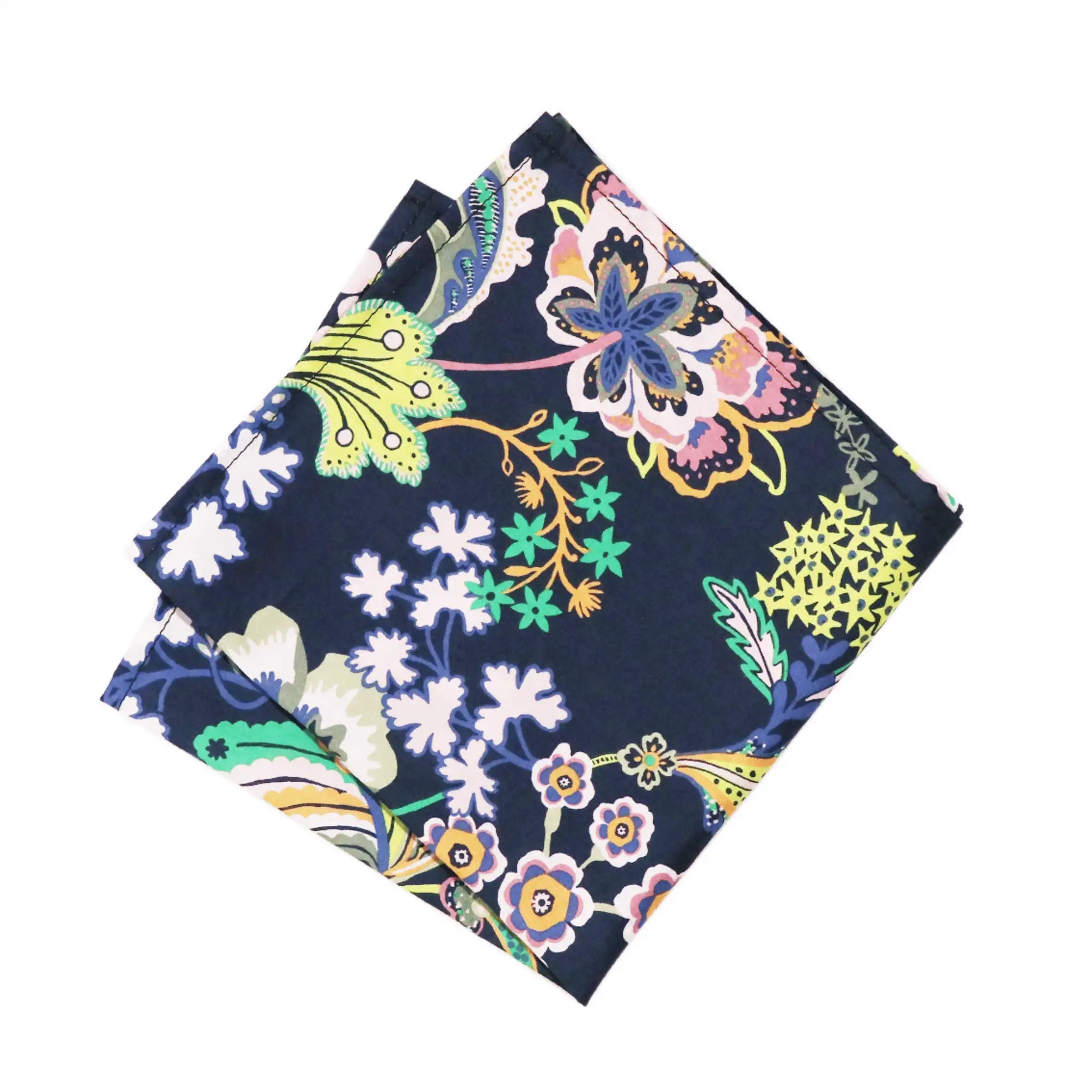 Liberty London’s Symphony Tana Lawn fabric crafted into a premium cotton pocket square. Exclusive Parisian Crafted x Liberty collaboration with vibrant floral paisley print on navy.