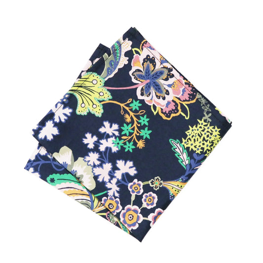 Liberty London’s Symphony Tana Lawn fabric crafted into a premium cotton pocket square. Exclusive Parisian Crafted x Liberty collaboration with vibrant floral paisley print on navy.