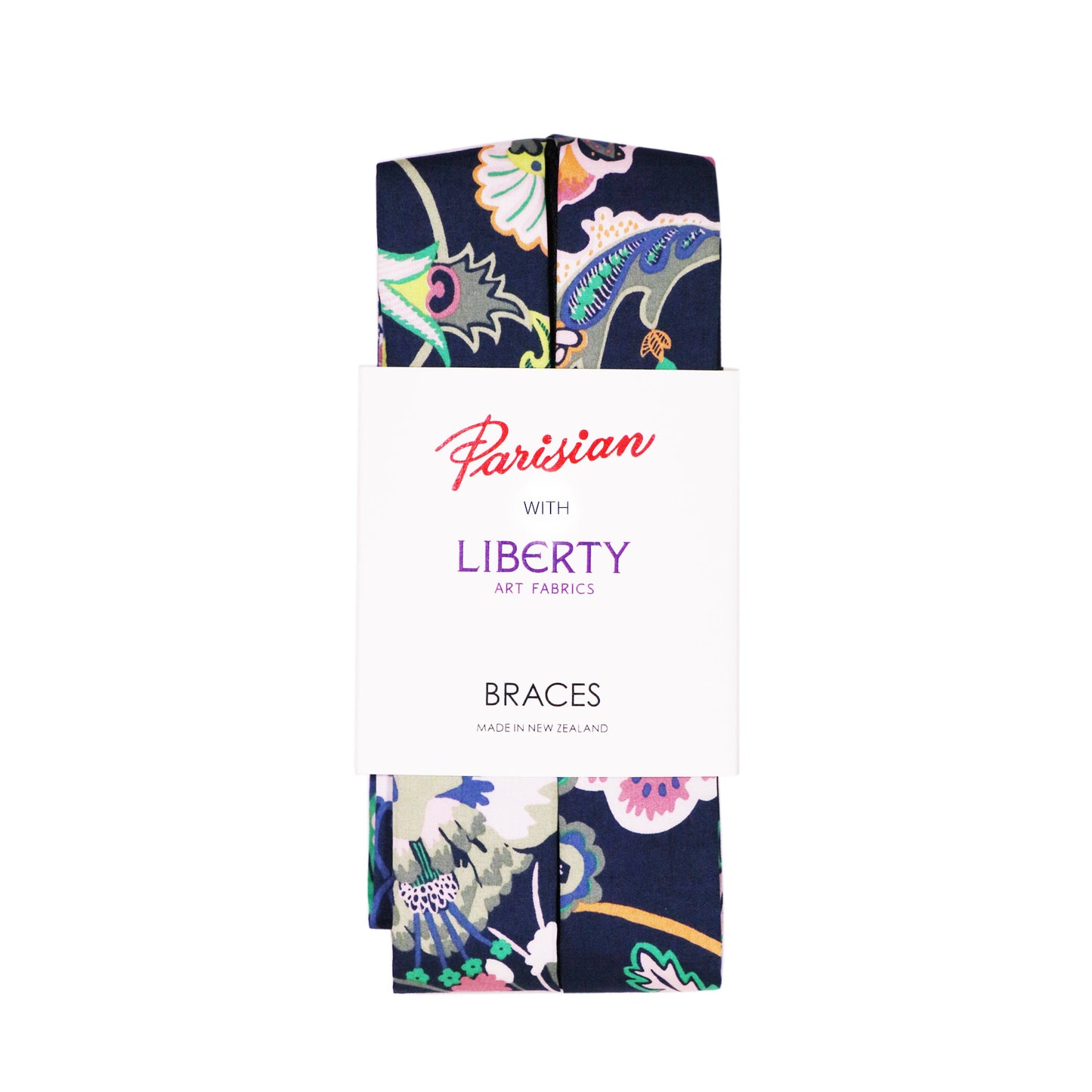 The Symphony Braces folded and wrapped in the white card Parisian with Liberty packaging on a white background.