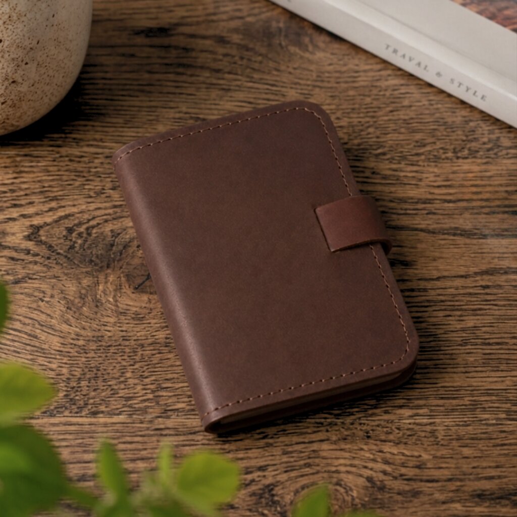 Brown leather notebook on a wooden surface with a plant in the foreground