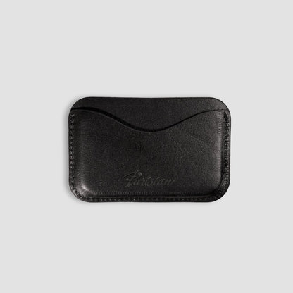 Black leather cardholder with 'Parisian' branding on a white background