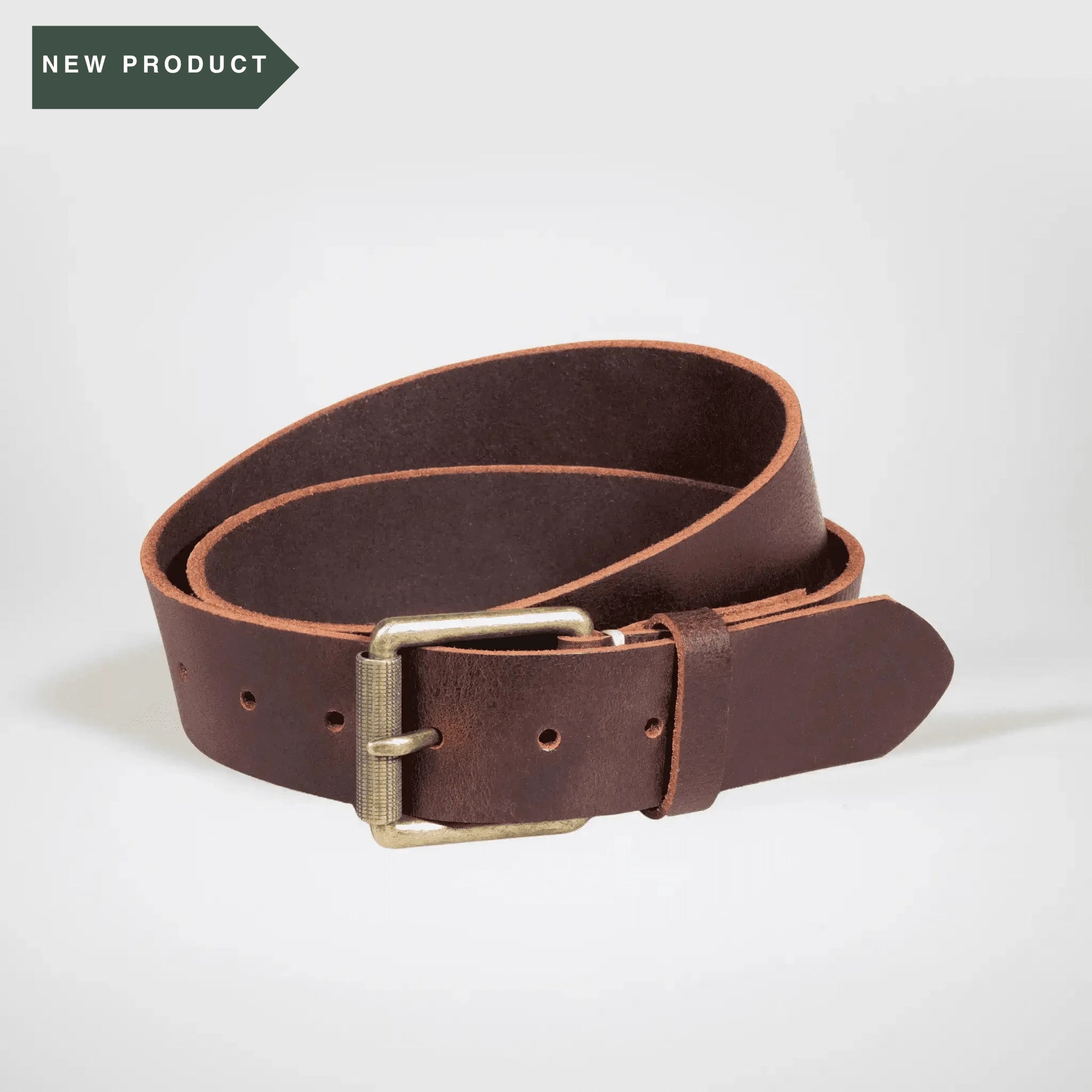 Mocha leather belt with brass buckle on a white background with new stamp.
