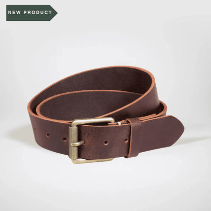 Mocha leather belt with brass buckle on a white background with new stamp.