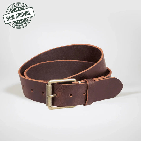 Mocha leather belt with brass buckle on a white background with new stamp.