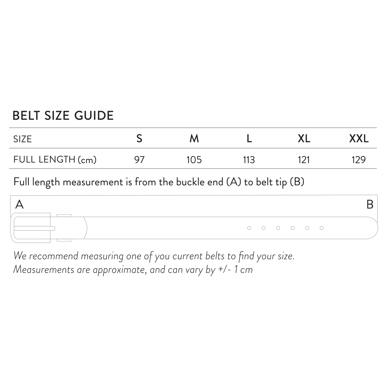 The Belt Size guide showing measurements for the sizes ranging from S-XXL