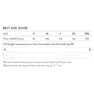 The Belt Size guide showing measurements for the sizes ranging from S-XXL