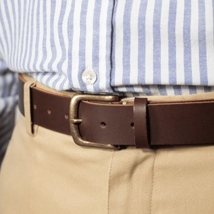 Man wearing the Everyday Brown Leather Belt, highlighting premium craftsmanship and showcasing this timeless New Zealand accessory.