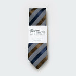 The Grey Marle with Navy Tobacco Satin Stripe Tie in its white card Parisian packaging on a white background. 