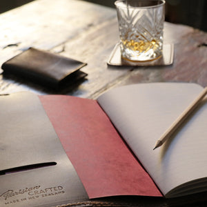 The Leather notebook open with a pencil ready, in the background is a lLeather Wallet and a Crystal Glass of Whiskey on the Stitched Leather Coaster .