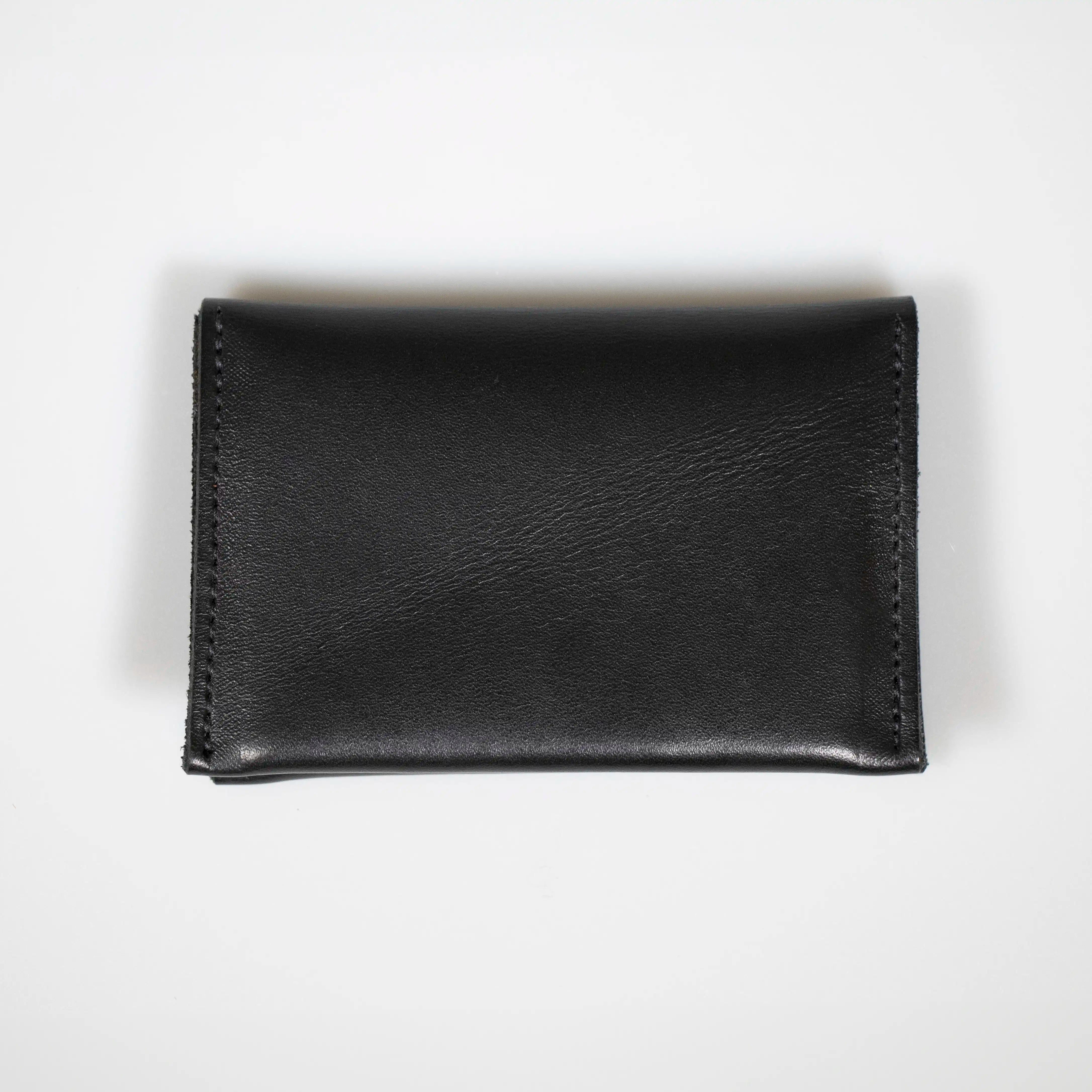 A closed Black Leather Folded Card Wallet on a white background